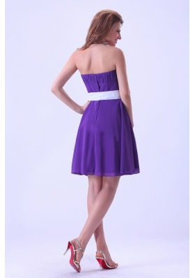 White Sash A-line Purple Bridesmaid Dresses