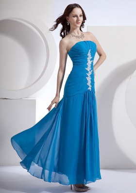 Appliques Blue Empire Strapless Prom Dress Chiffon