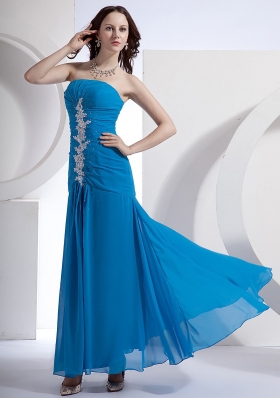 Appliques Blue Empire Strapless Prom Dress Chiffon