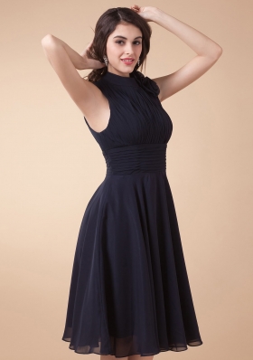 High-neck Navy Blue Prom Dress With Ruched Bodice