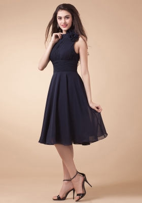 High-neck Navy Blue Prom Dress With Ruched Bodice