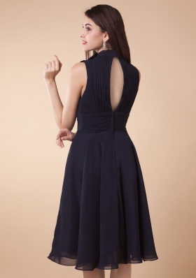 High-neck Navy Blue Prom Dress With Ruched Bodice