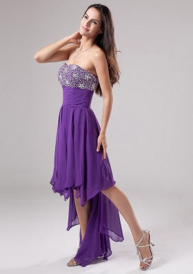 Purple Asymmetrical Ruch Graduation Dress Empire Beaded