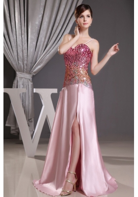 Spaghetti Straps High Slit Prom Dress Sequin Bodice