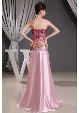 Spaghetti Straps High Slit Prom Dress Sequin Bodice