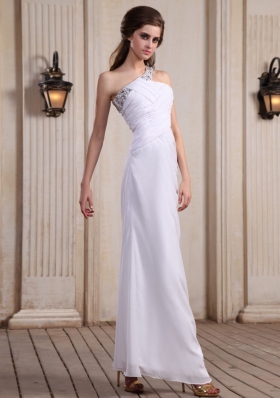 One Shoulder White Prom Dress Beaded Side Zipper