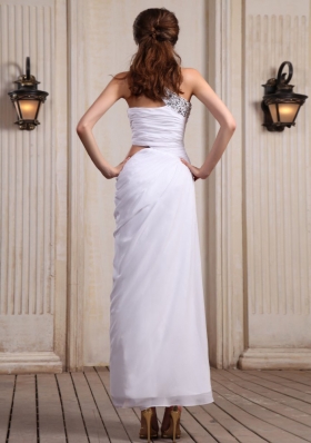 One Shoulder White Prom Dress Beaded Side Zipper