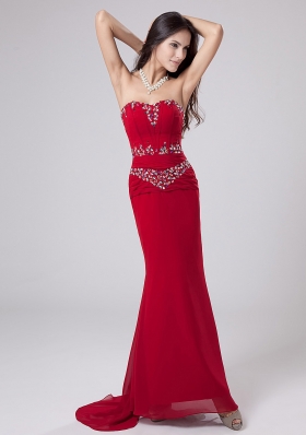 Watteau Mermaid Red Prom Dress Beading Sweetheart