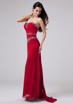 Watteau Mermaid Red Prom Dress Beading Sweetheart