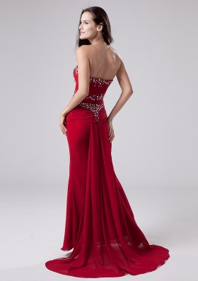 Watteau Mermaid Red Prom Dress Beading Sweetheart