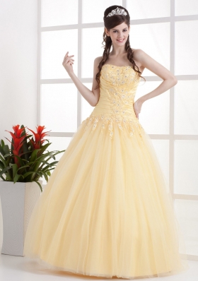 Appliques and Ruch Gold A-line Prom Dress Strapless