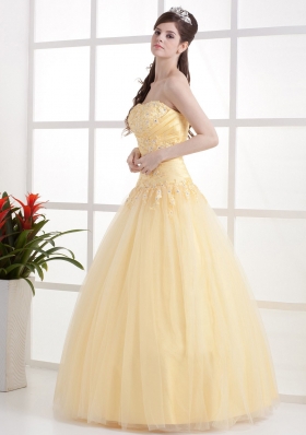 Appliques and Ruch Gold A-line Prom Dress Strapless