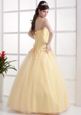 Appliques and Ruch Gold A-line Prom Dress Strapless