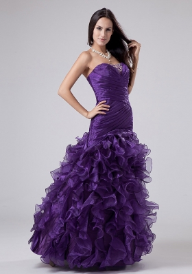 Ruffles Beading Column Prom Dress Purple Ruch