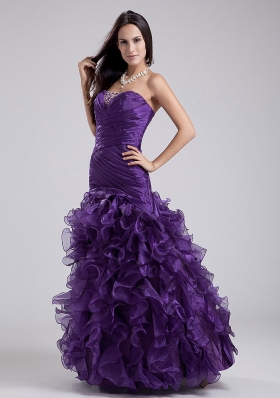 Ruffles Beading Column Prom Dress Purple Ruch