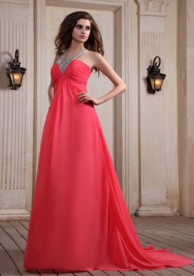 V-neck Halter Court Train Empire Coral Prom Dress