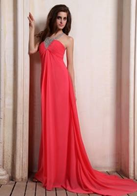 V-neck Halter Court Train Empire Coral Prom Dress