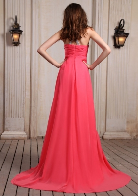 V-neck Halter Court Train Empire Coral Prom Dress