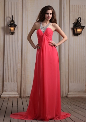 V-neck Halter Court Train Empire Coral Prom Dress