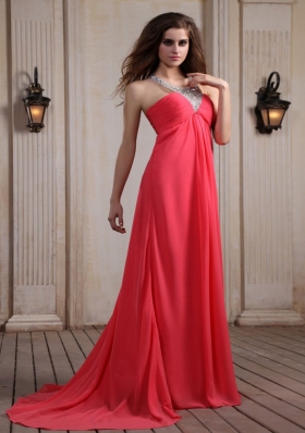 V-neck Halter Court Train Empire Coral Prom Dress