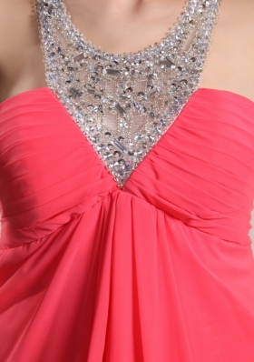 V-neck Halter Court Train Empire Coral Prom Dress