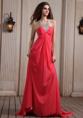 V-neck Halter Court Train Empire Coral Prom Dress