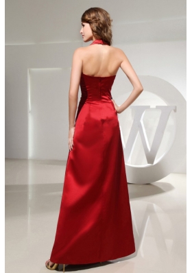 Halter Wine Red Column Bridesmaid Dresses Ankle-length