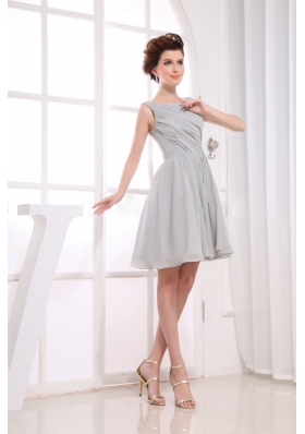 Bateau Grey Prom Dress A-line Ruching Knee-length