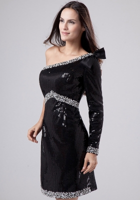 Sequins One Shoulder Prom Dress Black Beading