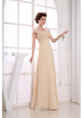 V-neck Champagne Chiffon Prom Dress Floor-length Ruch