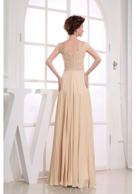 V-neck Champagne Chiffon Prom Dress Floor-length Ruch