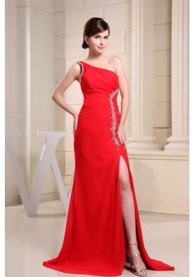 Red High Slit Prom Dress Beading One Shoulder