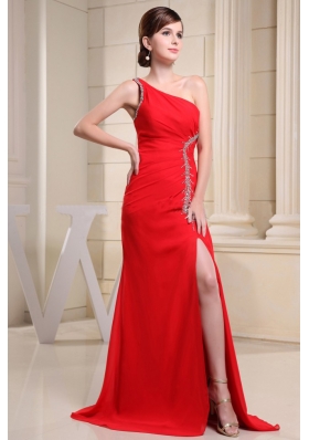 Red High Slit Prom Dress Beading One Shoulder