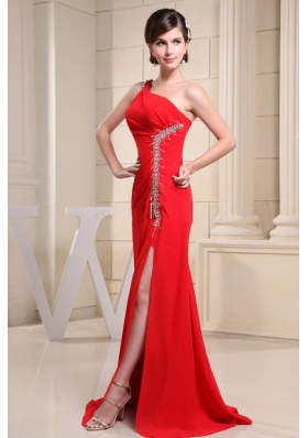 Red High Slit Prom Dress Beading One Shoulder