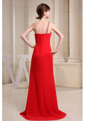 Red High Slit Prom Dress Beading One Shoulder