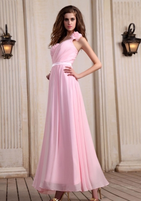 Hand Flower One Shoulder Prom Dress Baby Pink