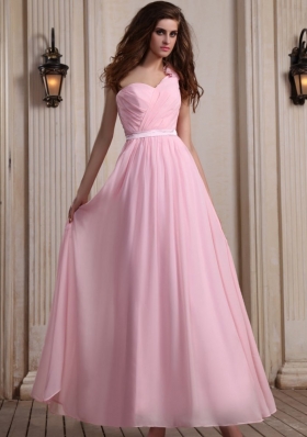 Hand Flower One Shoulder Prom Dress Baby Pink