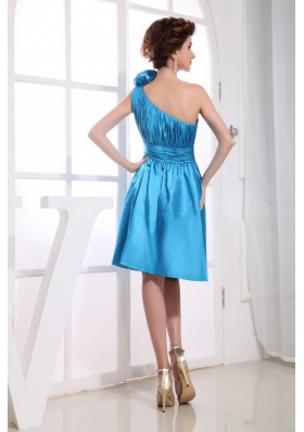 Hand Flowers Prom Dress One Shoulder Aqua Blue