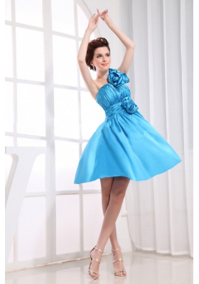 Hand Flowers Prom Dress One Shoulder Aqua Blue