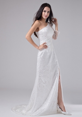 Sequins One Shoulder White Prom Dress High Slit