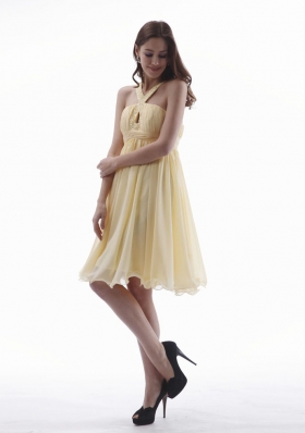 Beaded V-neck Knee-length Yellow Prom Dress