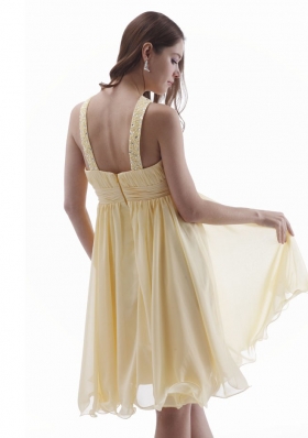 Beaded V-neck Knee-length Yellow Prom Dress