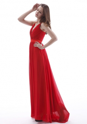 V-neck Empire Red Prom Dress Floor-length Chiffon