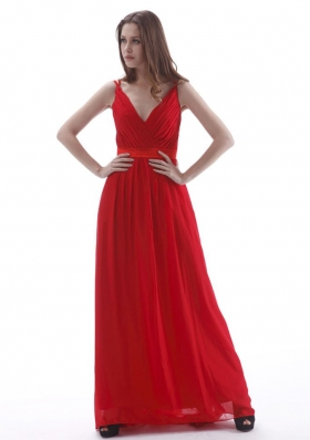 V-neck Empire Red Prom Dress Floor-length Chiffon