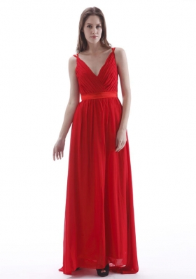 V-neck Empire Red Prom Dress Floor-length Chiffon