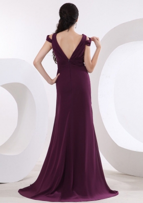 Cap Sleeves V-neck Purple Prom Dress High Slit