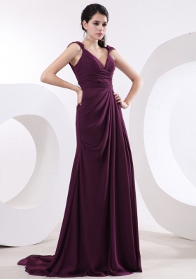 Cap Sleeves V-neck Purple Prom Dress High Slit