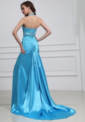 Brush Halter Blue Prom Dress High Slit Beading