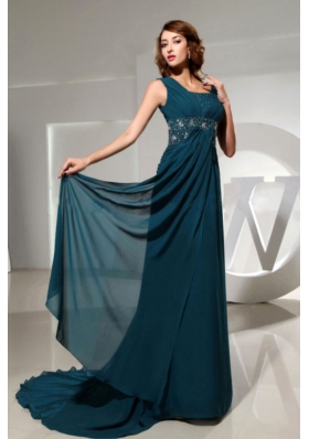 Square Beading Brush Train Blue Prom Dress