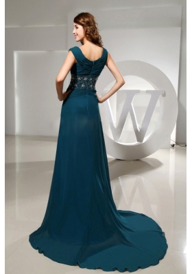 Square Beading Brush Train Blue Prom Dress